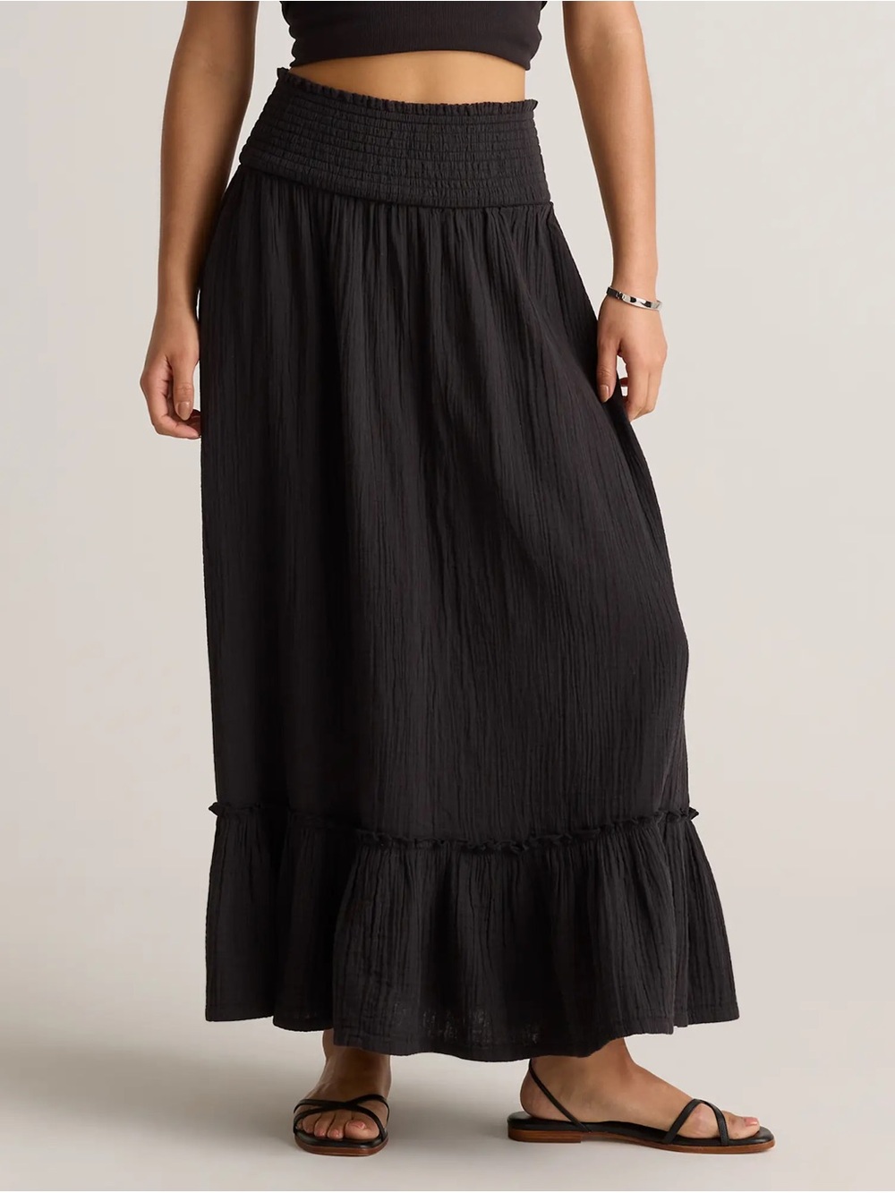 Quince 100% organic cotton gauze Black Smocked-Waist Ruffle-Hem Maxi Skirt
